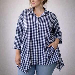 Dubgee Blue Gingham Coastal Grandma Cottage Lagenlook Swing Tunic Top 3X